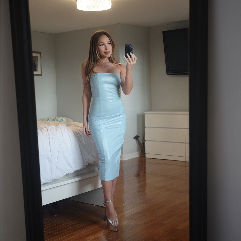 Blue strapless leather dress